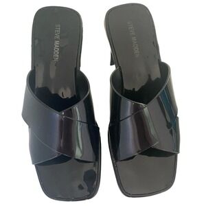 Steve Madden Sandals Chunky Block 2" Heel Shiny Black Man-Made Upper Size 8